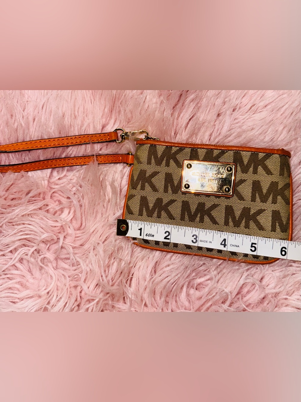 Michael Kors MK Wristlet Signature Logo Cavas Pattern with Orange Leather Trim. - Picture 6 of 7